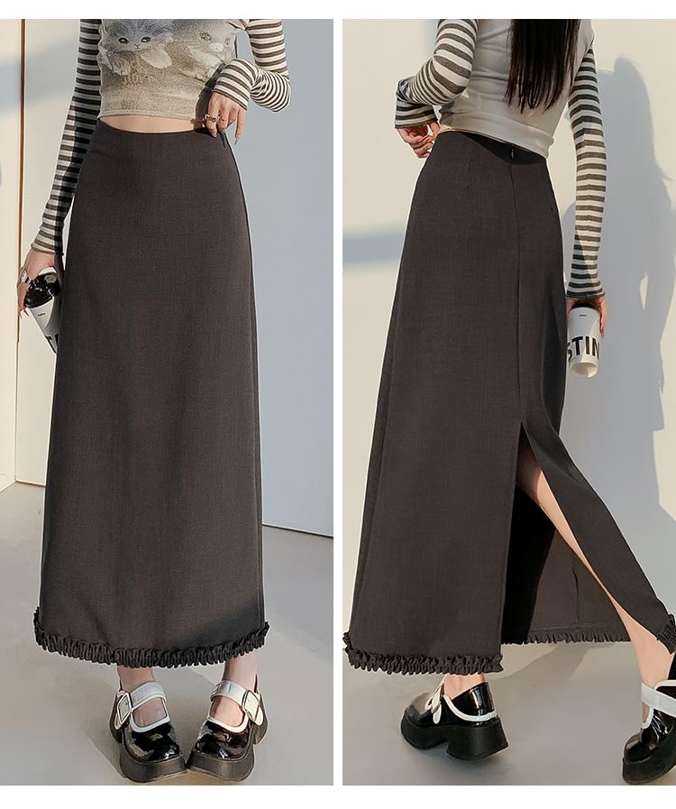 Slit Trim High Skirt A-Line Midi Plain Waist Ruffle