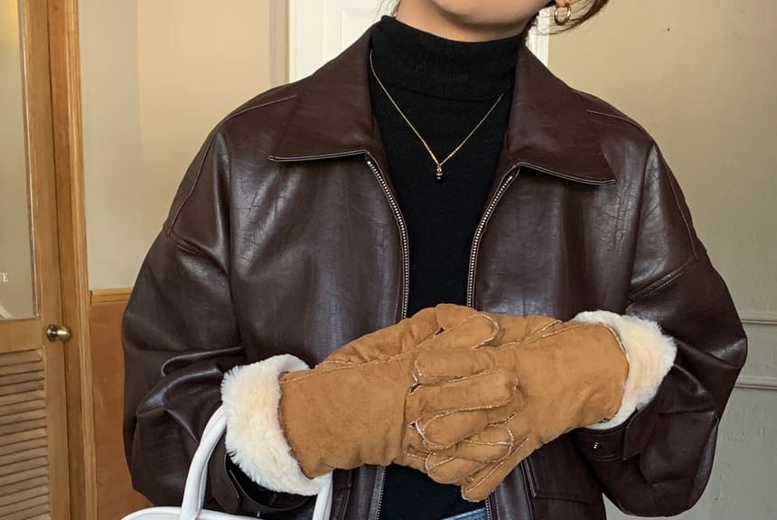Fluffy Gloves Plain Faux Trim Suede