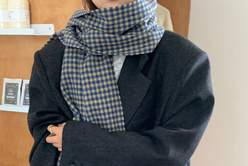 Fringed Trim Plaid Applique Scarf