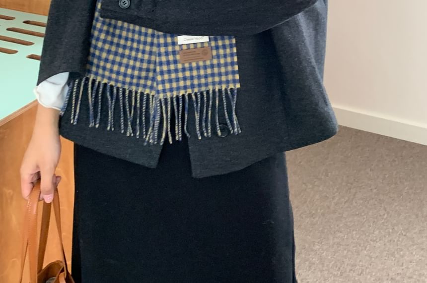Fringed Trim Plaid Applique Scarf