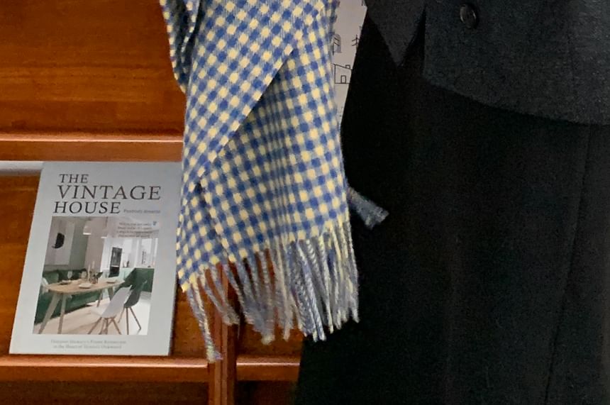 Fringed Trim Plaid Applique Scarf