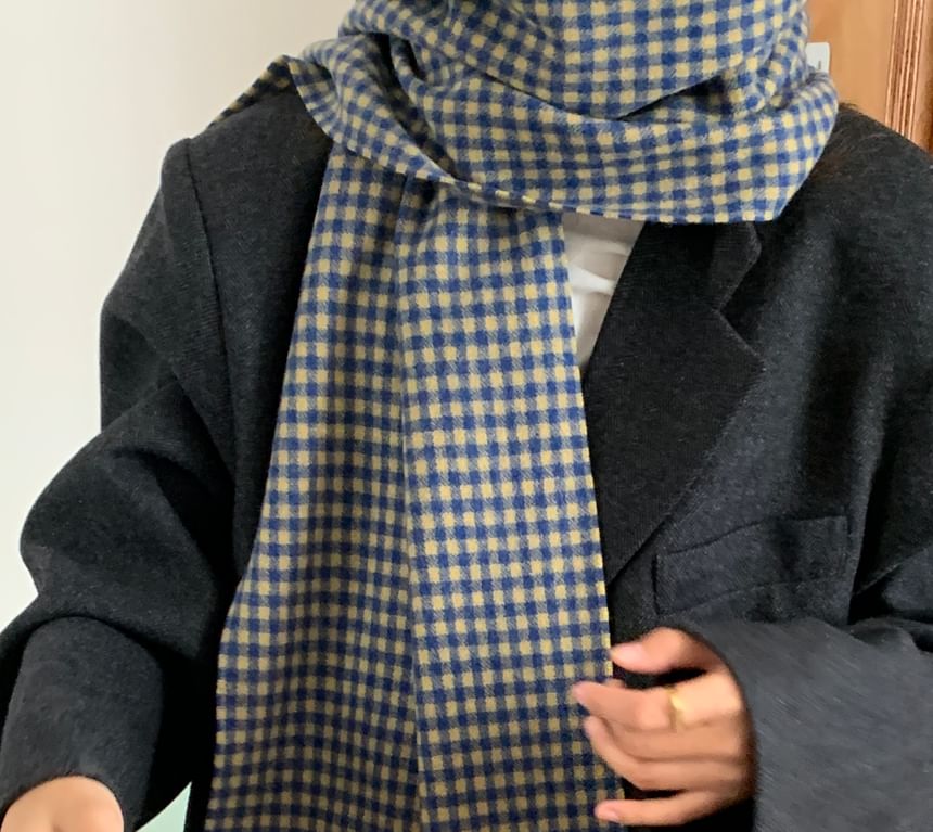 Fringed Trim Plaid Applique Scarf