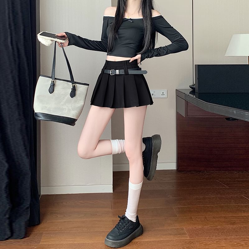 A-Line Skirt Mini Pleated Waist Plain High