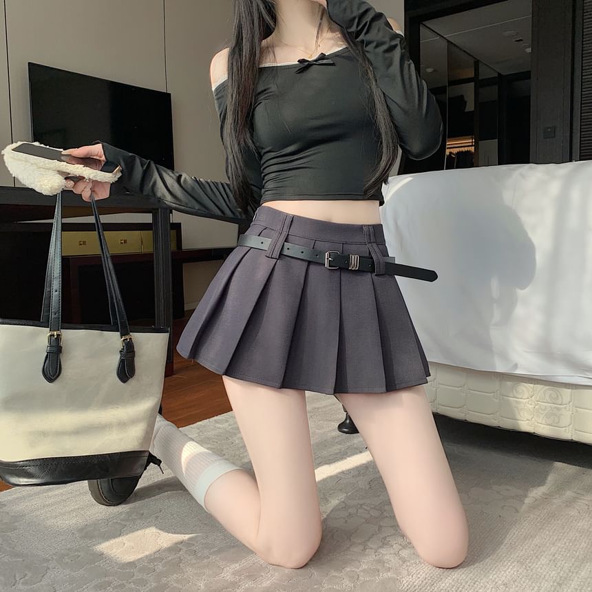 A-Line Skirt Mini Pleated Waist Plain High