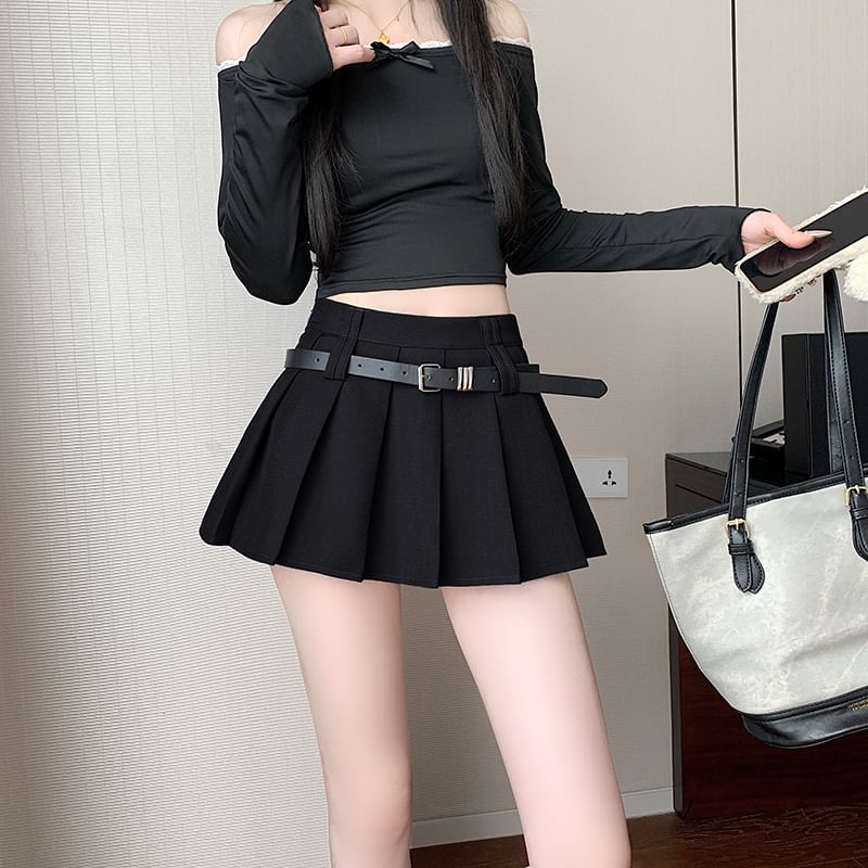 A-Line Skirt Mini Pleated Waist Plain High