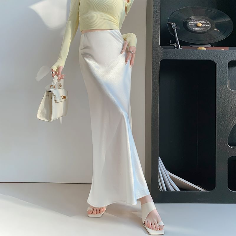 High Plain Skirt Waist A-Line Midi Satin