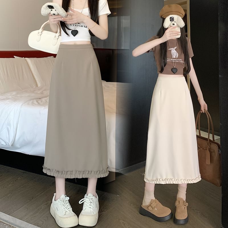 Midi A-Line Slit Trim Plain Rise High Ruffle Skirt