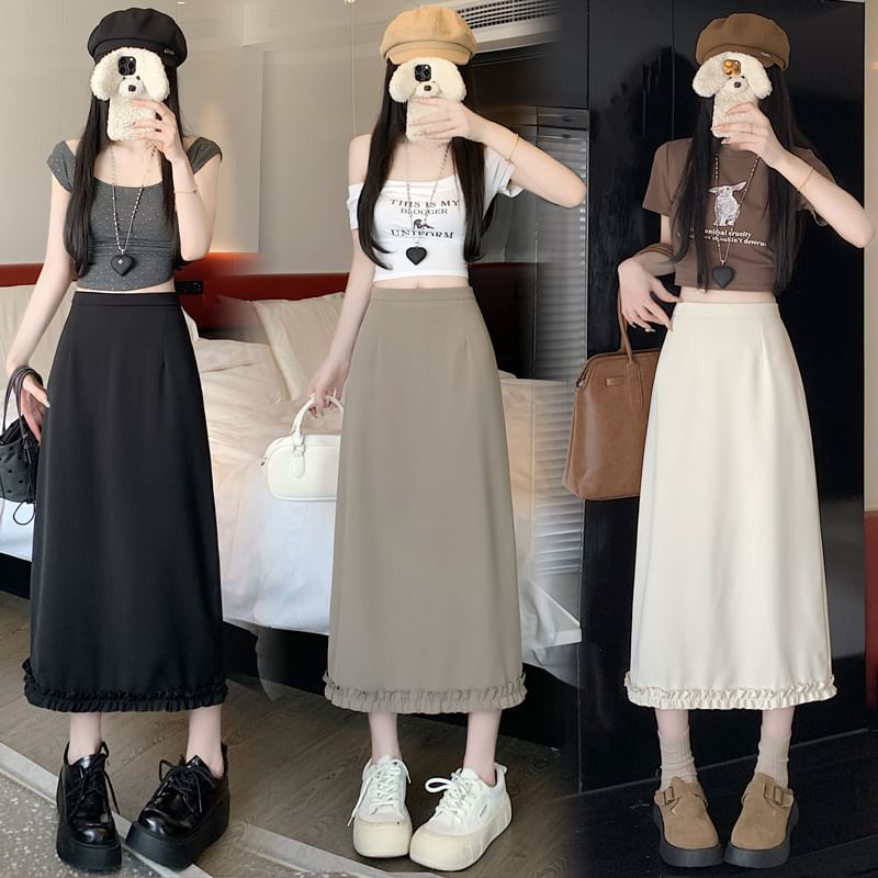 Midi A-Line Slit Trim Plain Rise High Ruffle Skirt