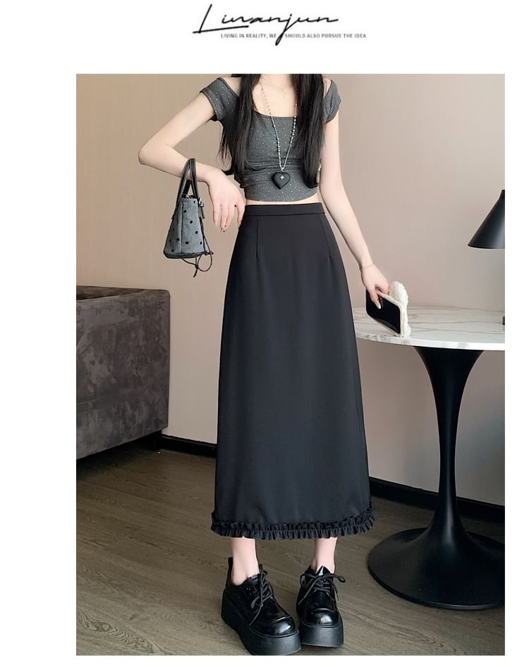 Midi A-Line Slit Trim Plain Rise High Ruffle Skirt
