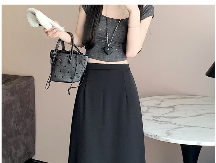 Midi A-Line Slit Trim Plain Rise High Ruffle Skirt