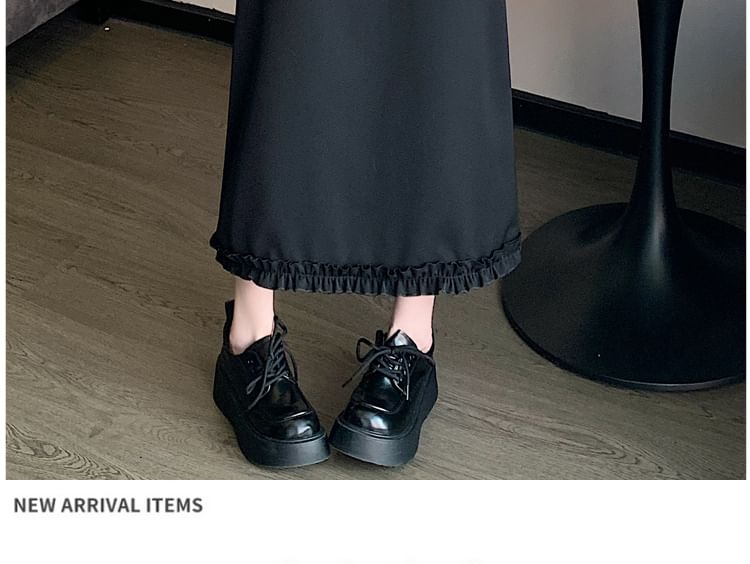 Midi A-Line Slit Trim Plain Rise High Ruffle Skirt