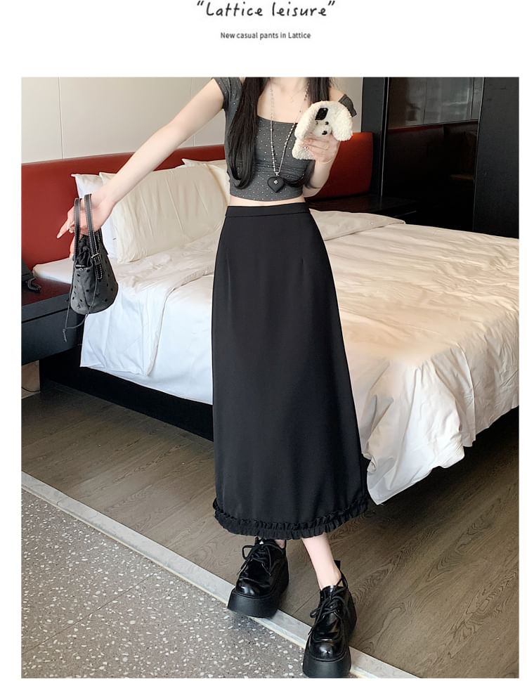 Midi A-Line Slit Trim Plain Rise High Ruffle Skirt