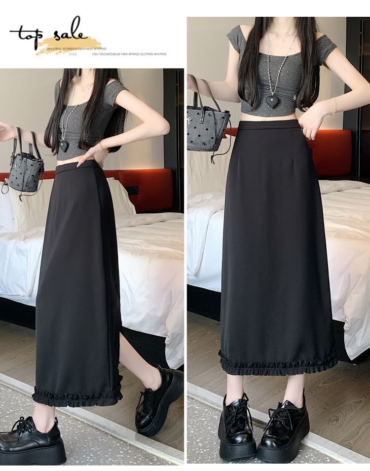 Midi A-Line Slit Trim Plain Rise High Ruffle Skirt