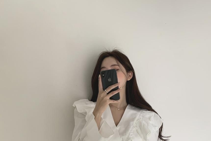 A-Line Plain Long-Sleeve V-Neck Mini Dress Collared