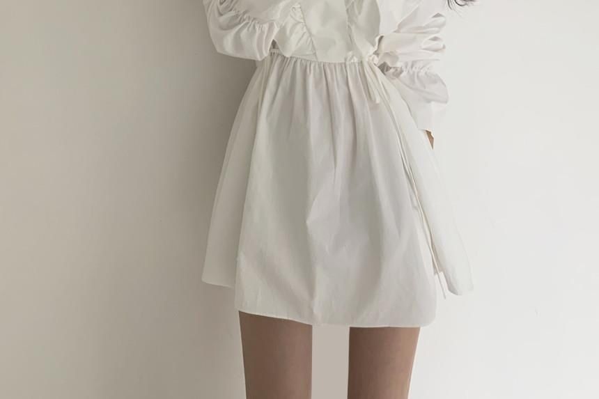 A-Line Plain Long-Sleeve V-Neck Mini Dress Collared