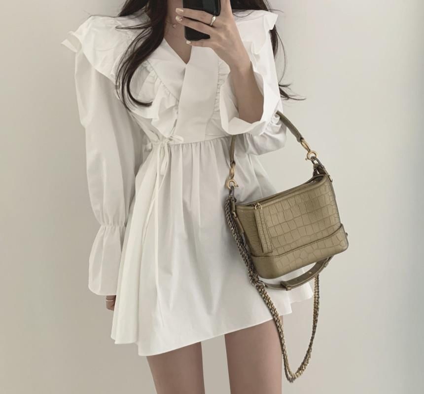 A-Line Plain Long-Sleeve V-Neck Mini Dress Collared