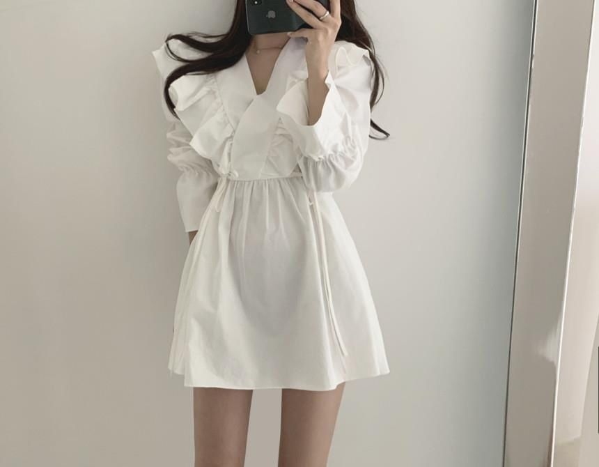 A-Line Plain Long-Sleeve V-Neck Mini Dress Collared