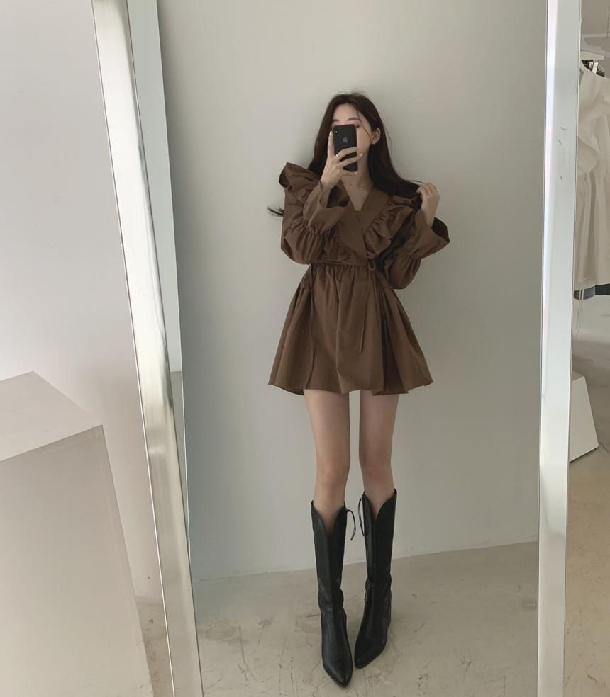 A-Line Plain Long-Sleeve V-Neck Mini Dress Collared