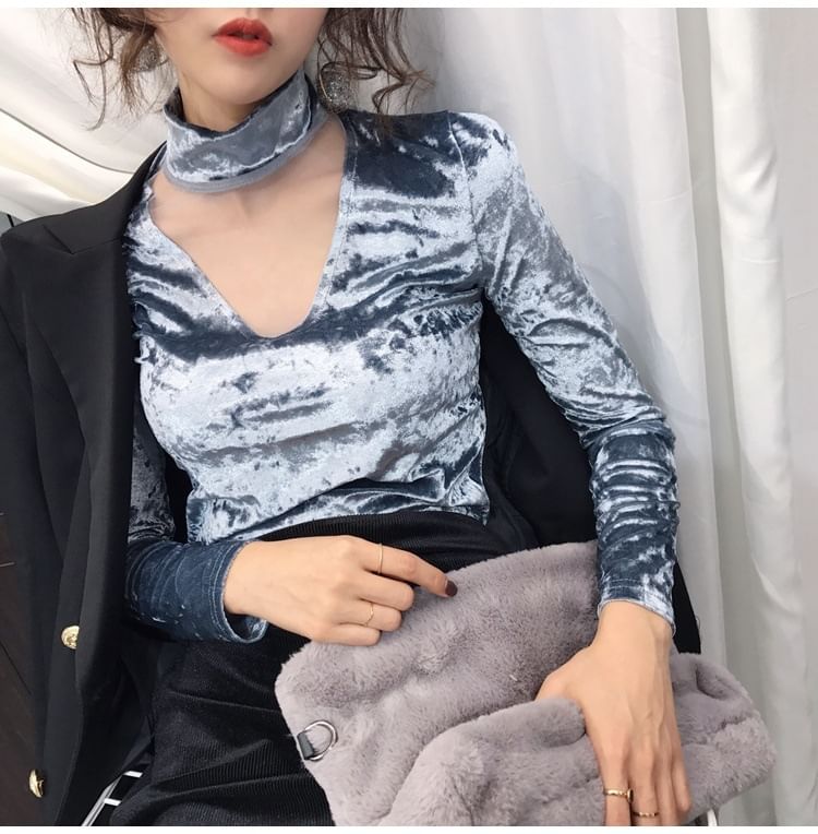 Long-Sleeve Neck Panel Mesh Top Velvet Mock
