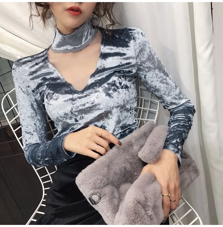 Long-Sleeve Neck Panel Mesh Top Velvet Mock