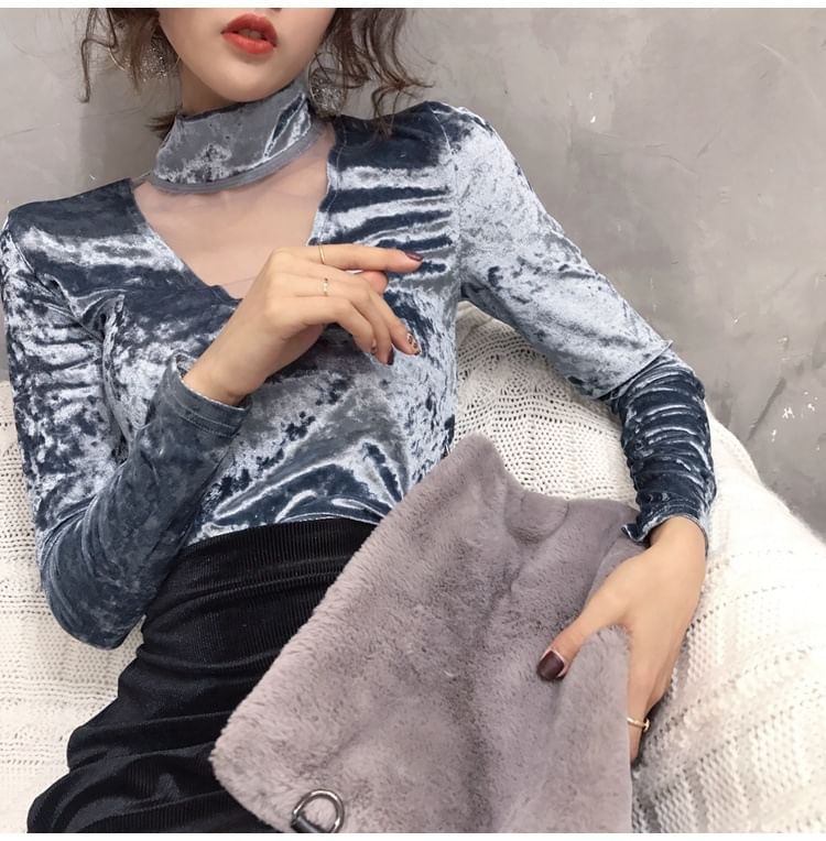 Long-Sleeve Neck Panel Mesh Top Velvet Mock