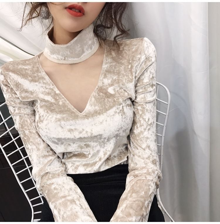 Long-Sleeve Neck Panel Mesh Top Velvet Mock