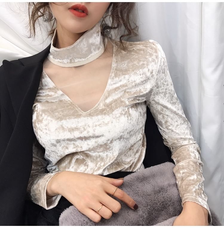 Long-Sleeve Neck Panel Mesh Top Velvet Mock