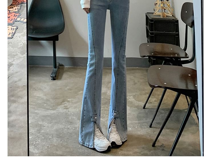High Waist Jeans Flared Hem Slit