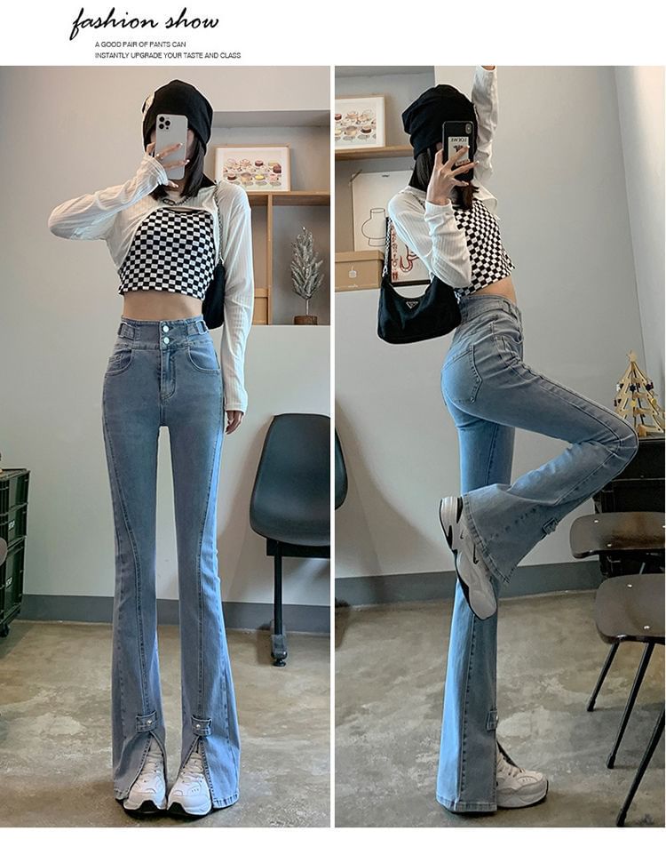 High Waist Jeans Flared Hem Slit
