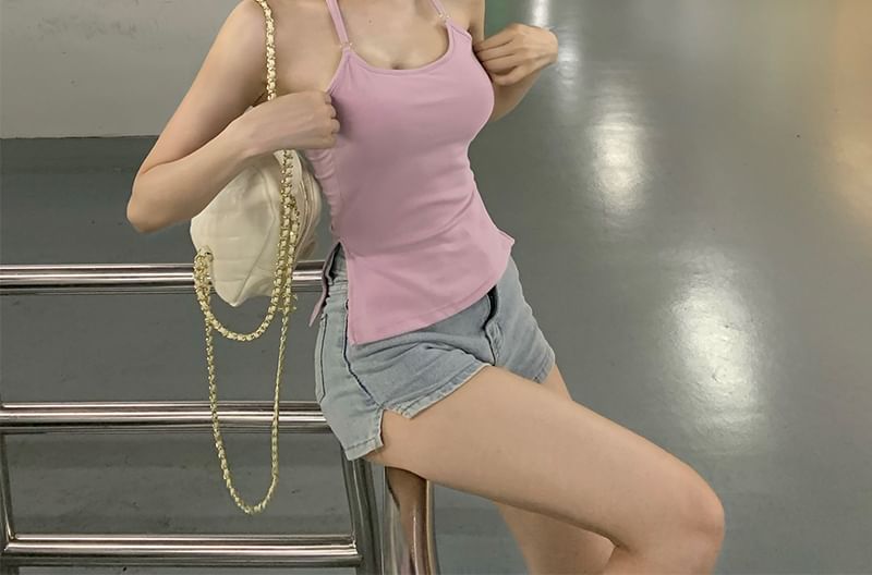 Halter Slim Side-Slit Fit Top Neck Plain Scoop