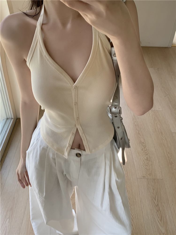 Plain Halter V-Neck Top Button-Up