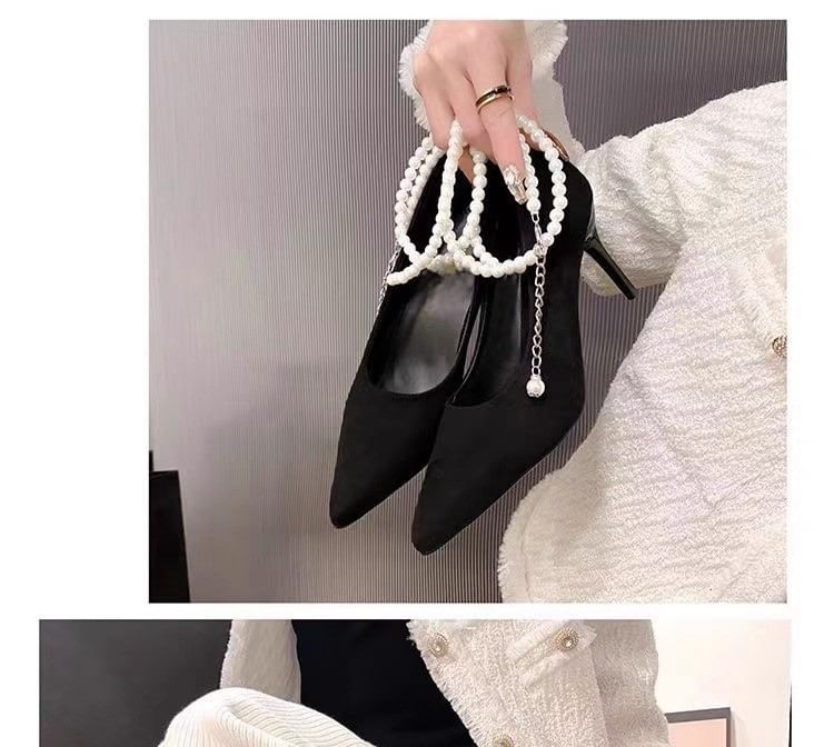 Pumps Strap Pointy Pearl Heel Faux Stiletto