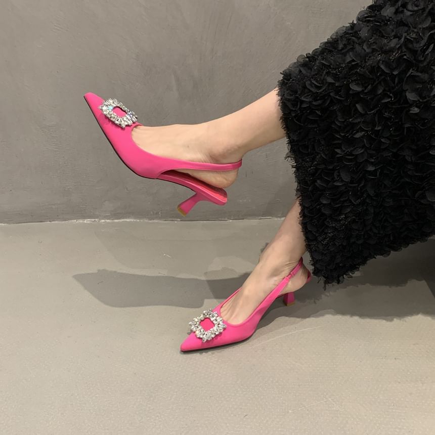 Sandals Low Buckle Slingback Rhinestone Heel