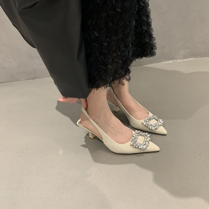Sandals Low Buckle Slingback Rhinestone Heel