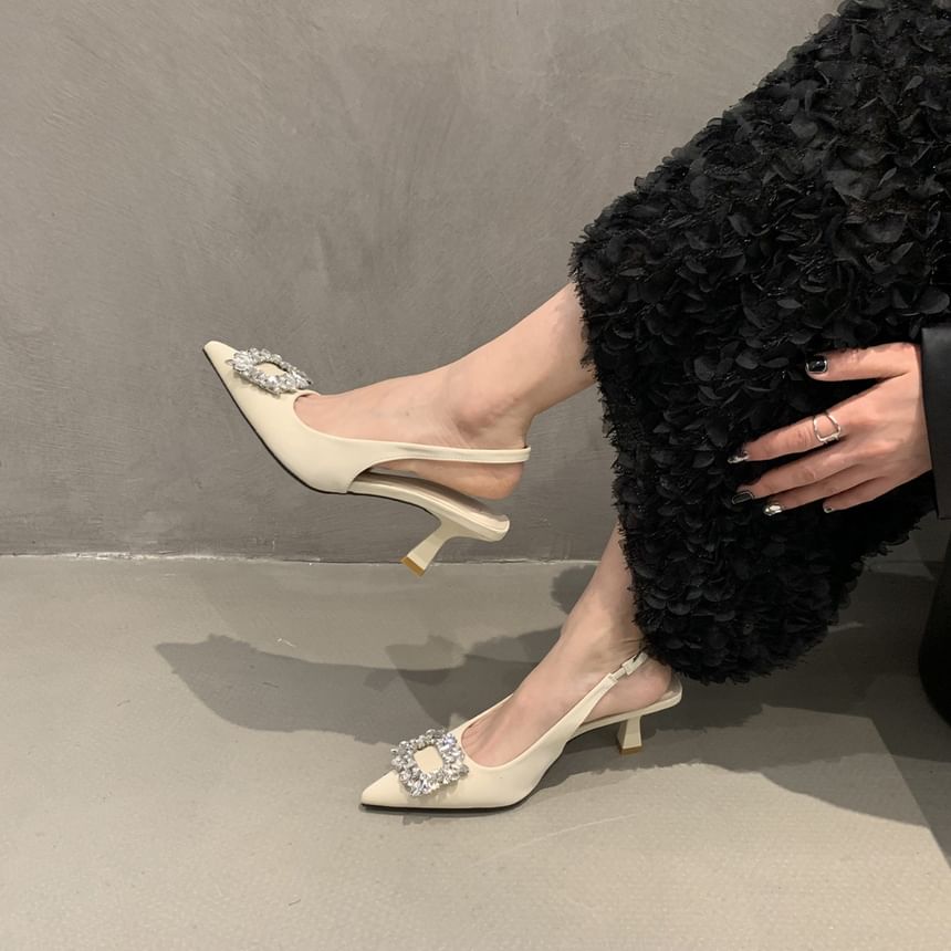 Sandals Low Buckle Slingback Rhinestone Heel