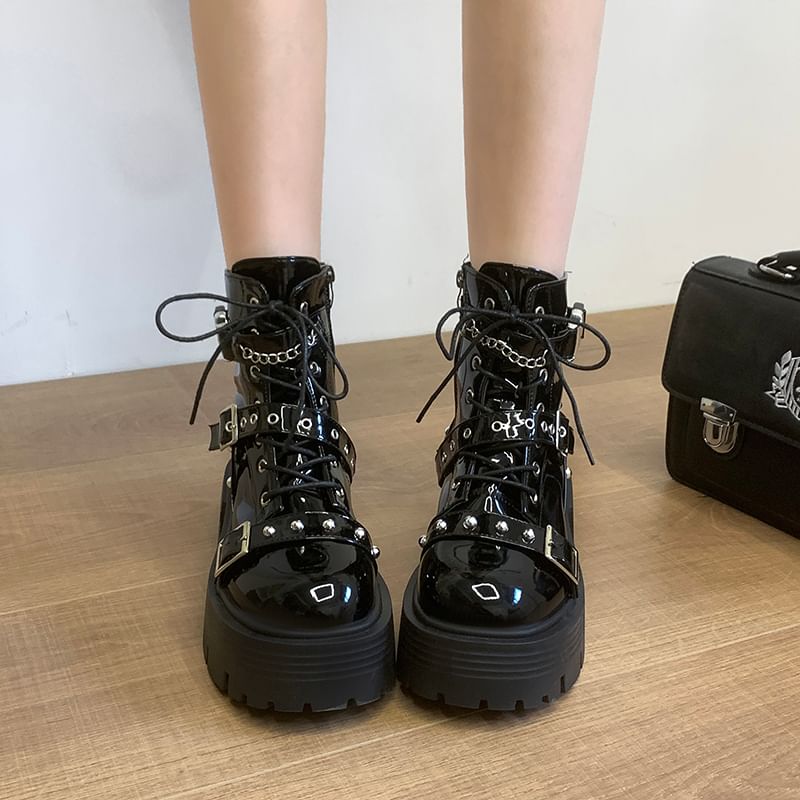 Lace Platform Up Buckled Studded Boots Leather Patent