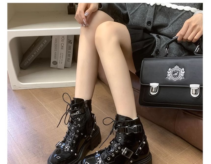 Lace Platform Up Buckled Studded Boots Leather Patent