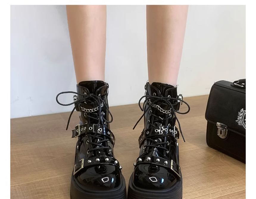 Lace Platform Up Buckled Studded Boots Leather Patent