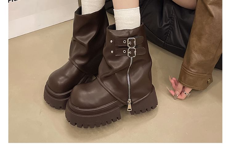 Boots Buckled Short Panel Zip Platform