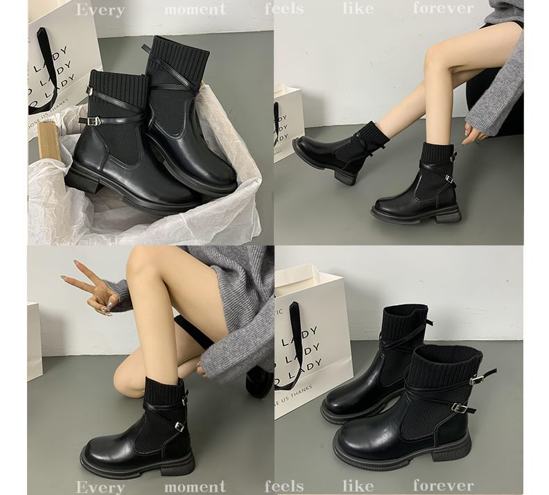 Platform Buckled Short Knit Boots Panel