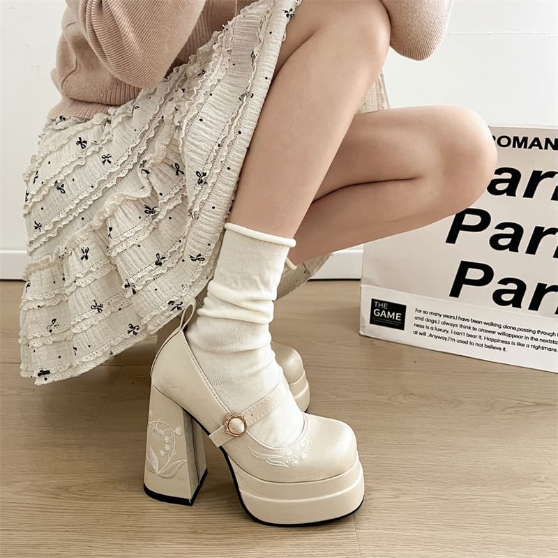 Heel Jane Bow Mary Floral Block Pumps Embroidered Platform