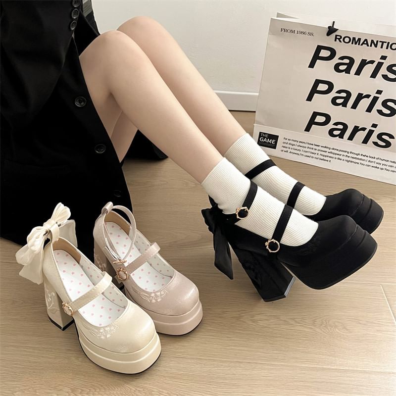 Heel Jane Bow Mary Floral Block Pumps Embroidered Platform