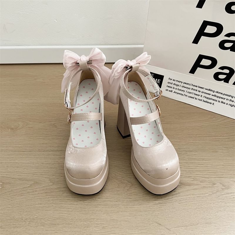 Heel Jane Bow Mary Floral Block Pumps Embroidered Platform