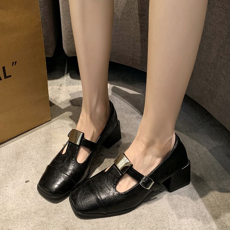 Cap Block Toe Pumps T-Strap Square Heel