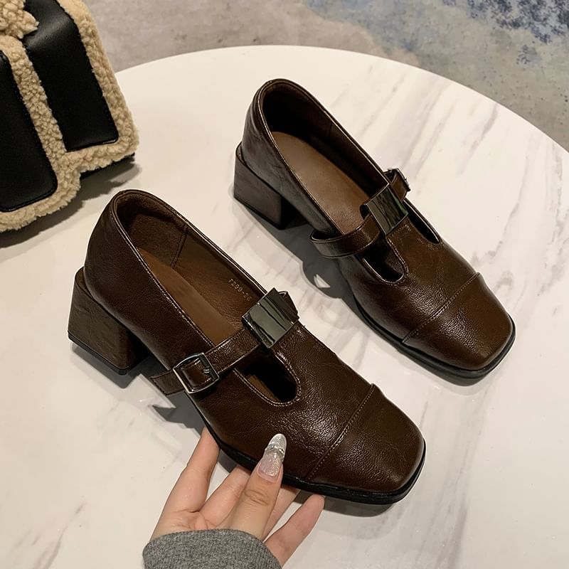 Cap Block Toe Pumps T-Strap Square Heel