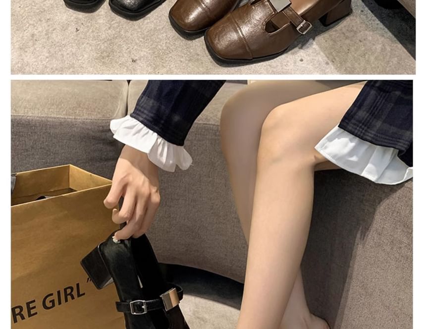 Cap Block Toe Pumps T-Strap Square Heel