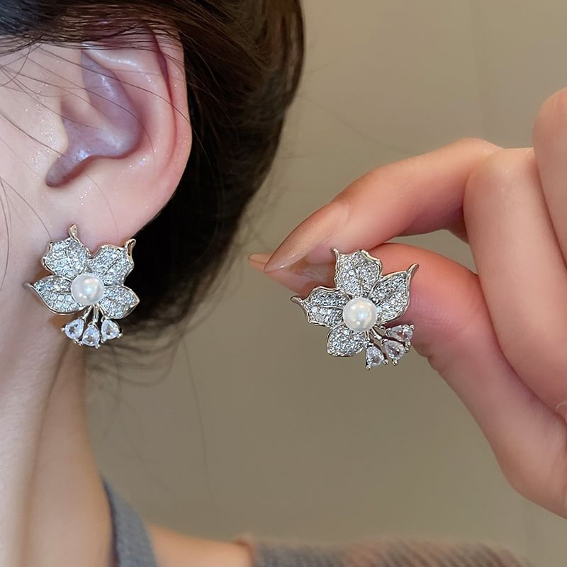 Pearl Faux Earring CZ Stud Flower