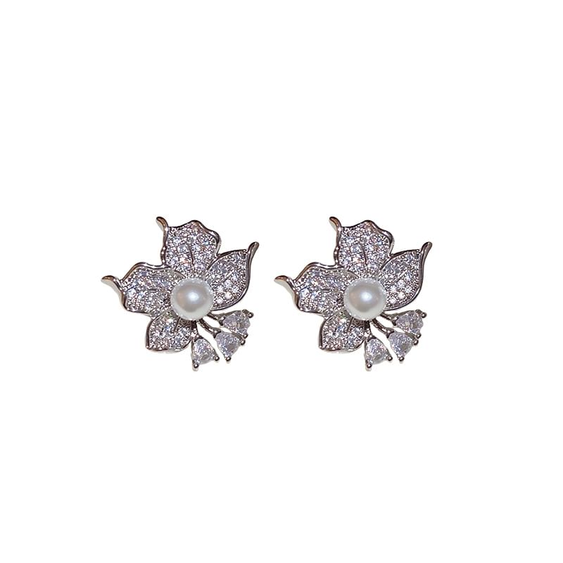 Pearl Faux Earring CZ Stud Flower