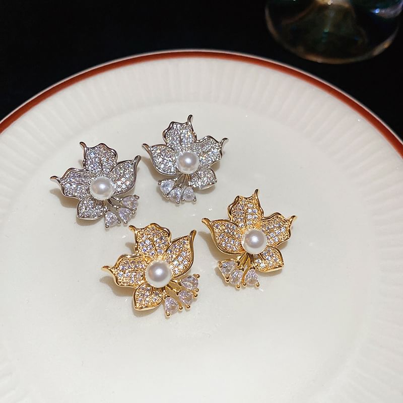 Pearl Faux Earring CZ Stud Flower