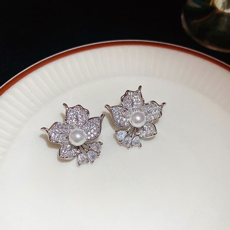 Pearl Faux Earring CZ Stud Flower